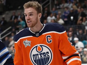 Edmonton Oilers star Connor McDavid warms up during the 2019 NHL All-Star Skills on Jan. 25, 2019, in San Jose, Calif.