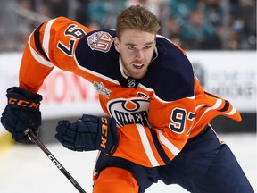Edmonton Oilers star Connor McDavid competes in the fastest skater competitiion on Jan. 25, 2019, during the 2019 NHL All-Star Skills in San Jose, Calif.