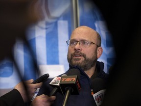 Edmonton Oilers' President of Hockey Operations and general manager Peter Chiarelli speaks to the media about the team's recent trades at Rogers Place, in Edmonton Monday Dec. 31, 2018.