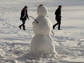 A snowman watches over pedestrians in Hawrelak Park, in Edmonton Wednesday Jan. 2, 2019. Photo by David Bloom