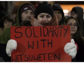 Edmontonians rally in support of the Wet'suwet'en First Nation in Beaver Hills House Park, 10404 Jasper Avenue, in Edmonton Tuesday Jan. 8, 2019.