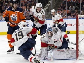 Florida Panthers' goalie James Reimer (34) makes a save against the Edmonton Oilers during third period NHL action at Rogers Place, in Edmonton Thursday Jan. 10, 2019. Photo by David Bloom