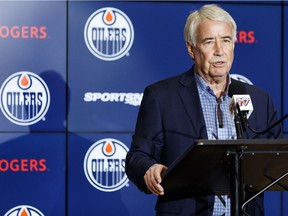 Oilers Entertainment Group chief executive officer and vice-chairman Bob Nicholson speaks at Rogers Place on Jan. 23, 2019, about the firing of Edmonton Oilers general manager Peter Chiarelli.