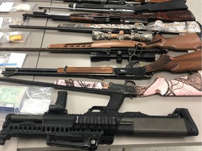 Thirteen firearms, including a prohibited weapon, were seized by Mounties in Athabasca on Saturday, Jan. 19, 2019.