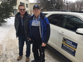 Drive Happiness volunteer driver Rob Haslam drops off Robert Wells (right) at a friends house to play cards.