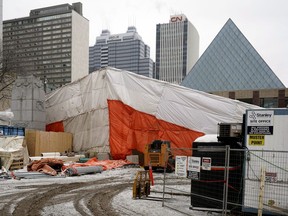 Tarps have been put up above the construction of the wading pool in front of Edmonton city hall on Wednesday, Jan. 16, 2019.