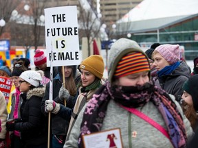 Supporters brave the cold during the Women's March at Sir Winston Churchill Square in Edmonton on Saturday, Jan. 19, 2019.