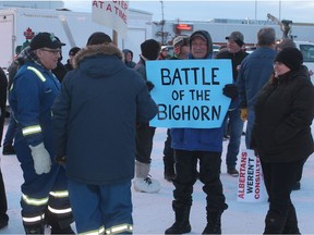 Protesters take part in a rally opposing the province's planned changes to Bighorn Country in Drayton Valley on Monday, Jan 7, 2019.