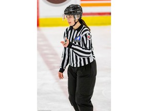 Referee Cassandra Gregory works the Mac's midget triple-A tournament in Calgary in a Dec.31, 2018 photo. Gregory's talent as a hockey linesman was recognized when she was assigned to work the men's final at the prestigious annual midget triple-A tournament.