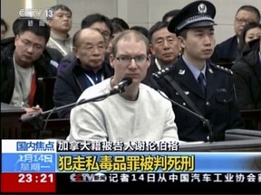 In this image taken from a video footage run by China's CCTV, Canadian Robert Lloyd Schellenberg attends his retrial at the Dalian Intermediate People's Court in Dalian, northeastern China's Liaoning province on Monday, Jan. 14, 2019. A Chinese court sentenced the Canadian man to death Monday in a sudden retrial in a drug smuggling case that is likely to escalate tensions between the countries over the arrest of a top Chinese technology executive.