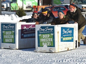 A deep freezer race is one of the events at the launch of the Deep Freeze Byzantine Winter Festival which returns to Alberta Avenue (118 Avenue) this weekend in Edmonton, January 8, 2019. The family festival will be featuring performers, ice carvers, wagon rides, ice skating, live music and fireworks. Ed Kaiser/Postmedia