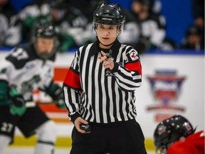 Referee Erica Holmes officiates a game at the Mac's Tournament on Dec. 27, 2018, in Calgary.