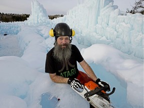 Christian Denis, Ice Castles site manager and lead ice artist in Edmonton, puts some finishing touches to the castle at Hawrelak Park in Edmonton on Thursday January 3, 2019. The attraction is scheduled to open to the public on Friday January 4, 2019.