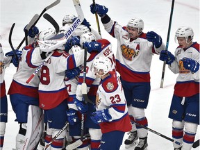Edmonton Oil Kings celebrate a comeback defeat of the Red Deer Rebels during WHL action at Rogers Place, Dec. 30, 2018.