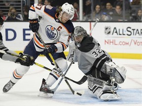 Edmonton Oilers centre Connor McDavid, left, tries to score on Los Angeles Kings goalie Jonathan Quick on Jan. 5, 2019, during NHL action in Los Angeles. The Kings won 4-0.