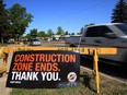Cars zip past a construction zone sign at a media event near 92A Avenue and Connors Road on Thursday May 28, 2015 in Edmonton, AB.