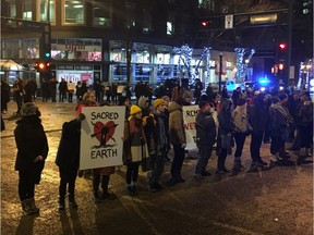 A rally in Edmonton to show support for the We'suwet'en Nation in B.C. shut down Jasper Avenue to all traffic for 45 minutes on Tuesday, Jan. 22, 2019. Photo Juris Graney