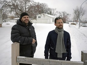 Spruce Avenue Community League members Josh Culling, left, and Jonathan Hlewka in the Spruce Avenue neighborhood of north Edmonton at 112 Avenue and 106 Street. The City of Edmonton is launching a design competition to explore what medium density housing could look like in Edmonton. The competition is specifically focused on five Spruce Avenue city-owned lots.