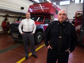 Edmonton police detective Russ Kleiber, left, and Rod Lewis, chief of Edmonton fire investigations.