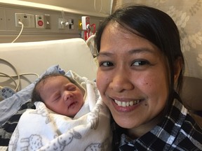 Mom Mila Bocauto with Edmonton’s New Year’s baby, Tia Alona Bocauto, at the Royal Alexandra Hospital’s Lois Hole Hospital for Women in Edmonton, AB on Jan. 1, 2019. Tia was 5 pounds, 7 ounces, and born three weeks early.