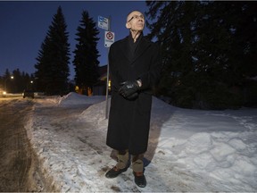 Jerome Martin, 76, at a bus stop in his Aspen Gardens neighbourhood, in Edmonton on Monday, Jan. 14, 2019. Martin says changes to area bus routes could mean he will have to walk an extra 15 minutes to get to a bus stop.