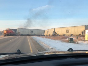 A CN Rail train with approximately 50 cars and carrying grain derailed on Highway 11 and Wanuskewin Road on Jan. 22, 2019