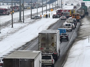Emergency units on the scene of a multi-vehicle collision on Anthony Henday Drive near Callingwood Road causing traffic tie-ups in both directions in Edmonton on Wednesday, Jan. 30, 2019.