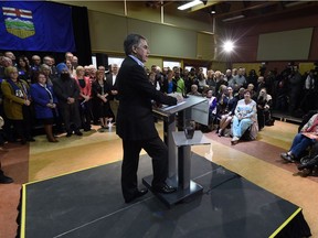 Then Alberta Premier Jim Prentice at a news event April 7, 2015, calling a provincial election. A prospective candidate and an Edmonton defence lawyer challenged the decision in a court case heard in Edmonton on Jan. 17, 2019.