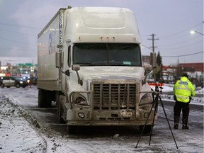 A man is dead after the Ford Escape he was driving was struck by a semi-trailer truck on the eastbound lane of Yellowhead Trail near 144 Street around 2:30 am on Thursday January 17, 2019.