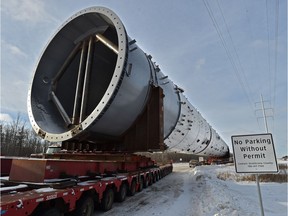 A petrochemical vessel, called a propylene-propane splitter, the heaviest load to ever hit Alberta's highways, is parked off Highway 14 just east of Highway 21 on Monday, Jan. 7, 2018 as it starts its four-day crawl to Fort Saskatchewan.