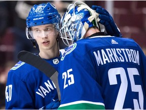 Vancouver Canucks' Elias Pettersson, left, and goalie Jacob Markstrom, both of Sweden, celebrate Vancouver's 5-1 win against the Philadelphia Flyers during an NHL hockey game in Vancouver on December 15, 2018.