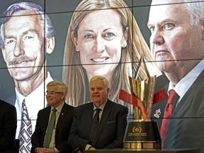 Dave Andrews (left, chair of the Order of Hockey in Canada selection committee and vice chair of the Hockey Canada Foundation) announced the Distinguished Honourees of the Order of Hockey in Canada, at Rogers Place in Edmonton on Wednesday January 30, 2019. Edmonton Oilers head coach Ken Hitchcock (right) was one of the inductees.