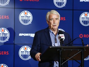 Bob Nicholson, CEO and Vice-Chair, Oilers Entertainment Group, speaks about Edmonton Oilers firing of General Manager Peter Chiarelli at Rogers Place in Edmonton on Jan. 23, 2019. Photo by Ian Kucerak