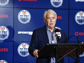 Bob Nicholson, CEO and vice-chairman of the Oilers Entertainment Group, speaks about the Edmonton Oilers firing general manager Peter Chiarelli at Rogers Place in Edmonton on Jan. 23, 2019.