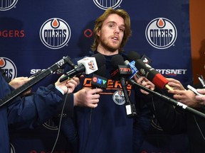 Oilers Captain Connor McDavid speaks to the media one day after losing to the Carolina Hurricanes at Rogers Place in Edmonton, January 21, 2019. Ed Kaiser/Postmedia