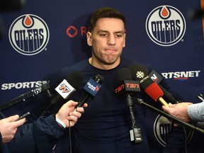 Edmonton Oilers player Milan Lucic speaks to the media on Monday, Jan. 21, 2019, one day after the team lost to the Carolina Hurricanes 7-4 at Rogers Place in Edmonton.