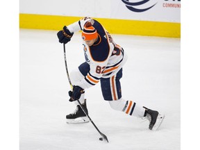 Caleb Jones (82) takes part in the skills challenge relay during the Oilers skills competition on Sunday, Jan. 13, 2019 in Edmonton.