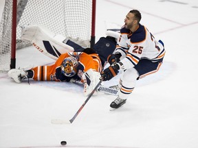 Darnell Nurse (25) misses his shot on goalie Cam Talbot (33) during king of the shootout at the Oilers skills competition on Sunday, Jan. 13, 2019 in Edmonton.