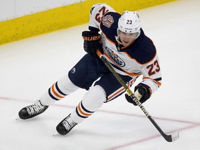 Ryan Spooner (23) wins the fastest skater competition at the Oilers skills competition on Sunday, Jan. 13, 2019 in Edmonton.