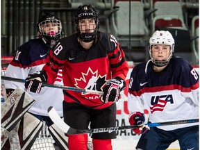 Game action as Canada's women's under 18 team hosts the USA in game three during Hockey Canada's Summer Showcase at Winsport's Markin McPhail Centre in Calgary, Alberta on August 19. 2018. --- Begin Additional Info --- Edmonton's Danielle Serdachny (18) is part of the Canadian U-18 national team competing in the world championships in Obihiro, Japan from Jan. 5-13.