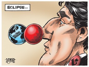 Canadian global affairs are eclipsed by clownish Trudeau government. (Cartoon by Malcolm Mayes)