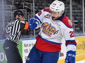 Edmonton Oil Kings forward Zach Russell celebrates his goal against the Calgary Hitmen at Rogers Place on Dec. 28, 2018.