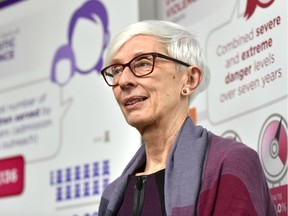 Jan Reimer, executive director of the Alberta Council of Women's Shelters, at a news conference in Edmonton on Nov. 27, 2018.