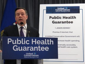 United Conservative Leader Jason Kenney unveils the broad policy plans in Edmonton, Wednesday, Feb.20, 2019 for his party's health platform ahead of Alberta's election campaign.