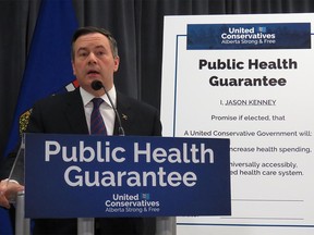 United Conservative Leader Jason Kenney unveils the broad policy plans in Edmonton, Wednesday, Feb. 20, 2019 for his party's health platform ahead of Alberta's election campaign. THE CANADIAN PRESS/Dean Bennett