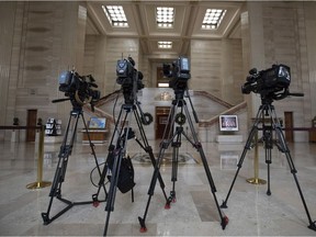 Television cameras are lined up in the lobby of the Supreme Court of Canada as the high court rendered a unanimous decision that Ben Makuch, a Vice Media reporter, will have to hand over records of his conversations with an alleged ISIS member to police, Friday Nov. 30, 2018 in Ottawa.