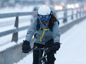 A cyclist dressed in winter gear rides in bad weather conditions over the Mill Creek Ravine Bridge in Edmonton, on Friday, Feb. 1, 2019. Photo by Ian Kucerak/Postmedia
