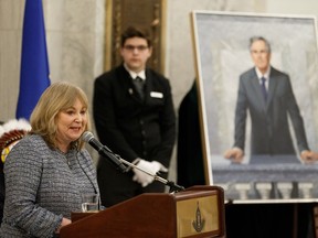 Karen Prentice, widow of former Alberta Premier Jim Prentice, speaks in the Alberta Legislature during the ceremony to unveil Jim Prentice's official portrait in Edmonton, on Monday, Feb. 4, 2019.