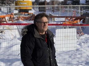 Wired Cup cafe co-owner Dave Jackson stands along 95 Avenue near 91 Street in Edmonton on Tuesday, Feb. 5, 2019. Jackson is concerned a full closure of 95 Avenue for LRT construction will hurt his Strathearn business.