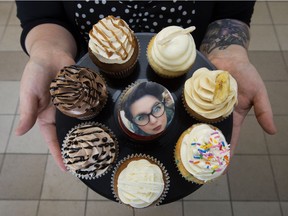 An edible portrait of Whimsical Cupcakes owner Darcy Scott is displayed on a cupcake at her new location, 8211 102 St.